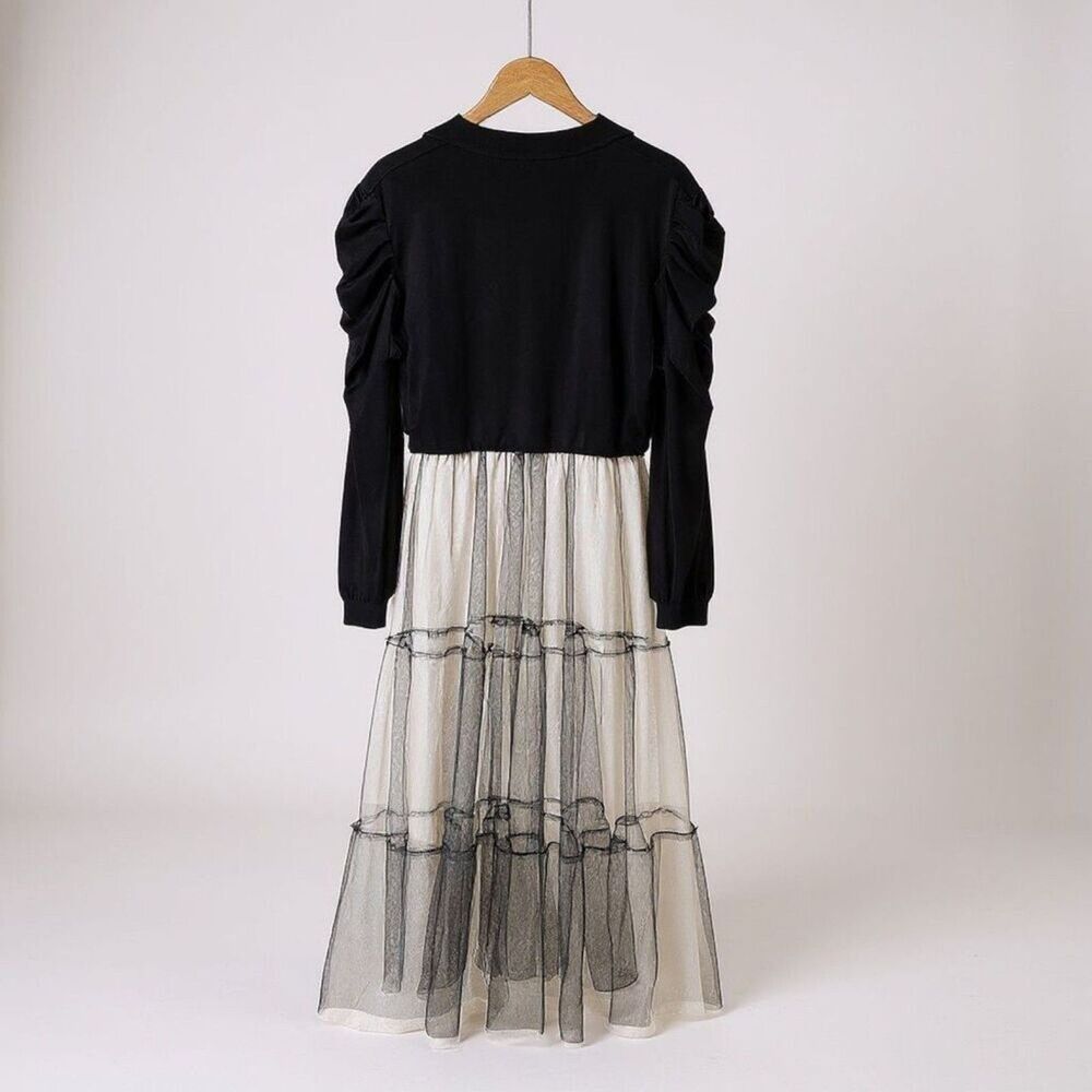 Ekaliy Maxi Shirt Dress Women's 2XL Mesh Black Long Lantern Sleeve Ruffles - Picture 2 of 7